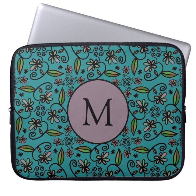 Süßes Türkis-Blumenmuster-Monogramm Laptopschutzhülle (Vorderseite)