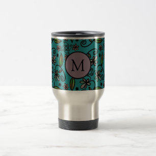 Süßes Türkis-Blumenmuster-Monogramm Reisebecher