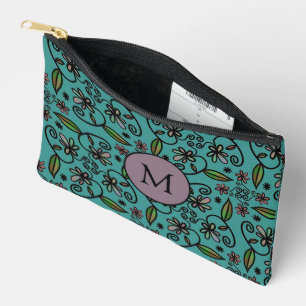 Süßes Türkis-Blumenmuster-Monogramm Zubehörtasche