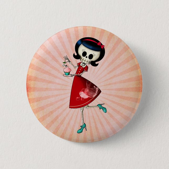 Süßes u. beängstigendes Skeleton Mädchen Button (Vorderseite)