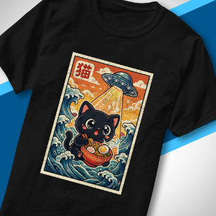 Süßes UFO-Katze isst Ramen Retro Japanese Wave T-Shirt