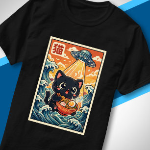 Süßes UFO-Katze isst Ramen Retro-Japanisches Sci-F T-Shirt