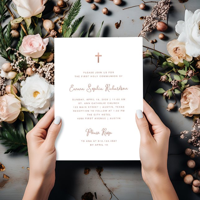 Süßes und Einfaches | Rose Gold Erste Heilige Komm Einladung (An elegant, faux rose gold First Holy Communion invitation)