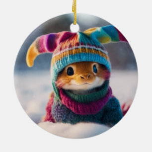 Süßes und flauschiges Kaninchen mit gestrickter Mü Keramik Ornament