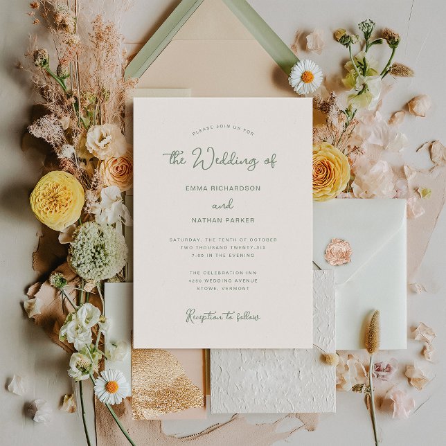Süßes und Whimsisches | Elfenbein und Heiratsgrün Einladung (An elegant and simple ivory cream wedding invitation with sage green text)