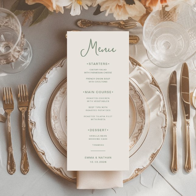 Süßes und Whimsisches | Elfenbein und Heiratsgrün Menükarte (An elegant, ivory cream wedding menu with trendy sage green typography)