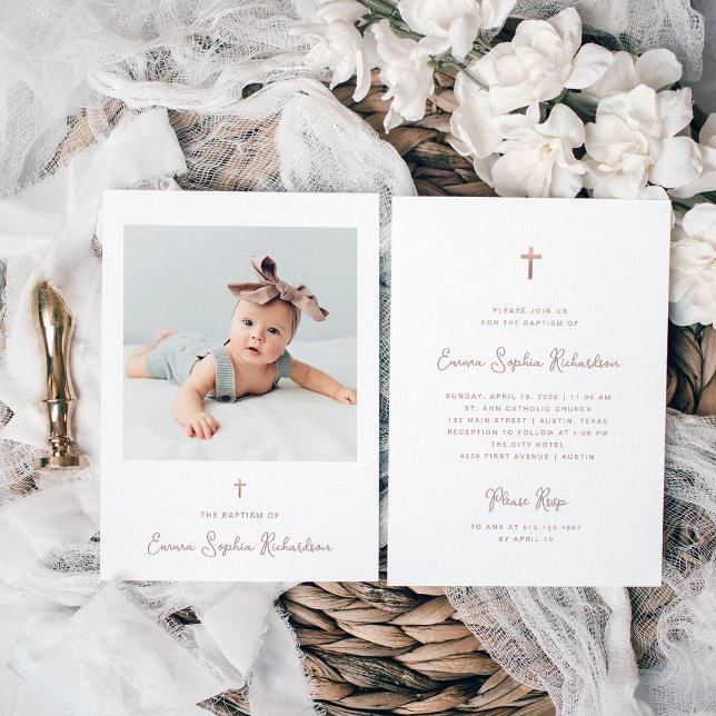 Süßes und Whimsisches | Foto und Rose Goldtaufe Einladung (An elegant, whimsical rose gold look Baptism invitation with photo and a faux rose gold cross)