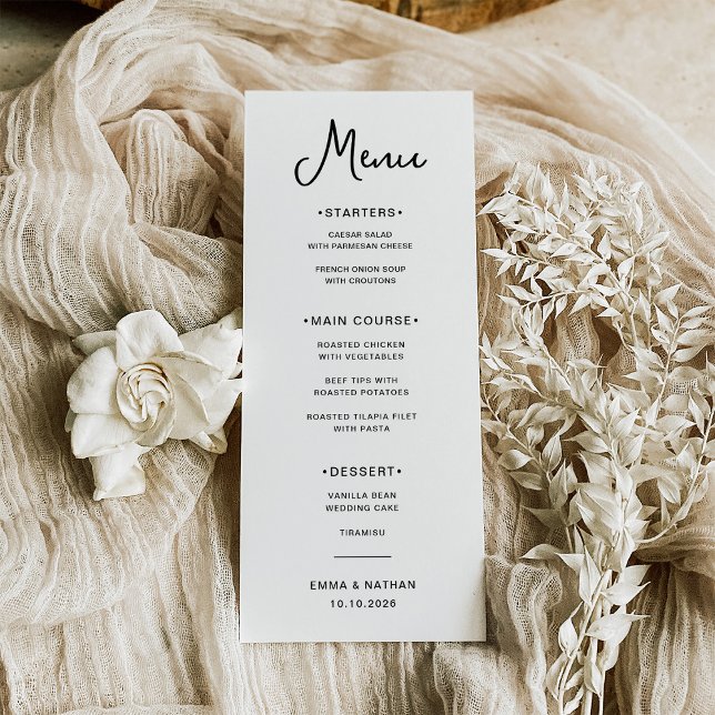 Süßes und Whimsisches | Schwarz-Weiß-Hochzeit Menükarte (A sweet and whimsical, black and white wedding menu)