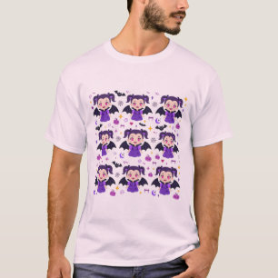 Süßes Vampir-Mädchen lila Halloween-Muster T-Shirt