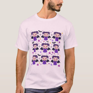 Süßes Vampir-Mädchen lila Halloween-Muster T-Shirt