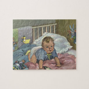 Süßes Vintage-Baby beim Spielen im Kinderbett, Kin Puzzle