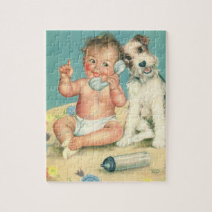 Süßes Vintage-Baby, das mit Hund telefoniert Puzzle