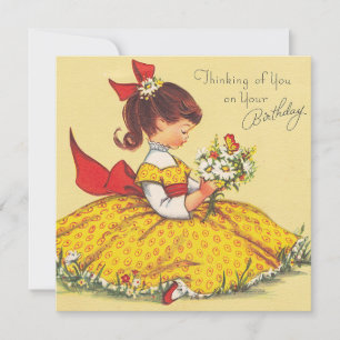 Süßes Vintage-Happy-Birthday-Mädchen im Kleid Feiertagskarte