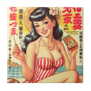 Süßes vintage japanisches Mädchen Fliese