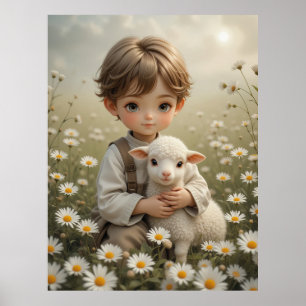 Süßes Vintage-Kinderporträt mit kleinem Lamm Poster