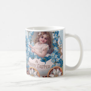 Süßes Vintage-Mädchen in einem Osterei-Wagen mit L Kaffeetasse