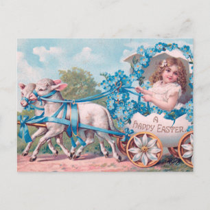 Süßes Vintage-Mädchen in einem Osterei-Wagen mit L Postkarte