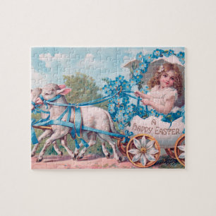 Süßes Vintage-Mädchen in einem Osterei-Wagen mit L Puzzle