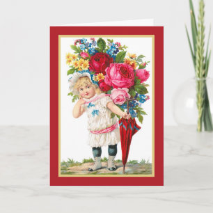 Süßes Vintage-Mädchen mit Blumen Karte