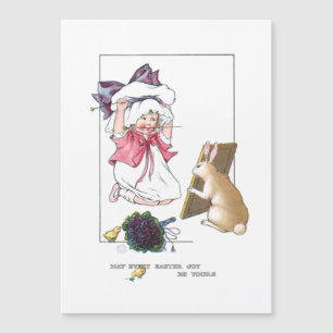 Süßes Vintage-Mädchen mit Osterhut & Hase Magnetkarte