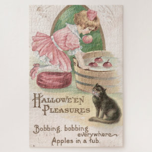 Süßes Vintage-Mädchen mit schwarzer Katze und Äpfe Puzzle