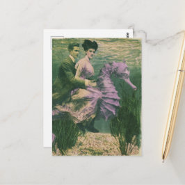 Süßes, vintage Paar auf ihrem lila Seepferd Postkarte