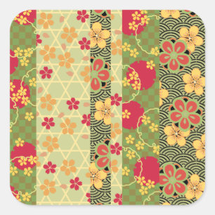 Süßes Vintage Retro Feines Florales Kimono Muster Quadratischer Aufkleber