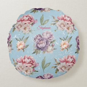 Süßes Vintage-Rosa und Weiß Florales Pfingstrosenm Rundes Kissen