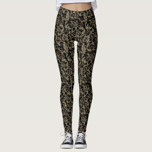Süßes vintage schwarzes braunes Blumenmuster Leggings