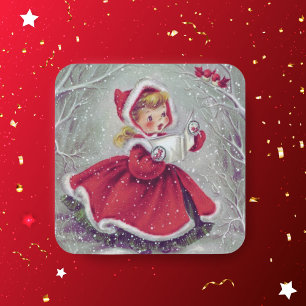 Süßes vintage Weihnachtsmädchen singt Weihnachtsli Quadratischer Aufkleber