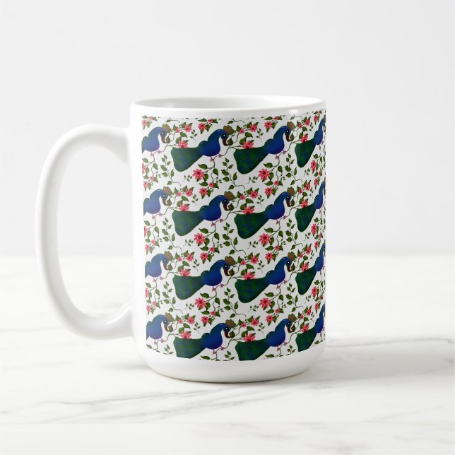 Süßes Vogel-Blumenmuster | Farbiger blauer Vogel m Kaffeetasse (Links)