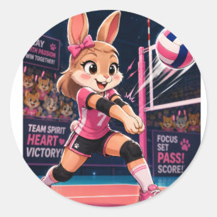 SÜßES VOLLEYBALL-HASEN-MÄDCHEN-STICKER RUNDER AUFKLEBER