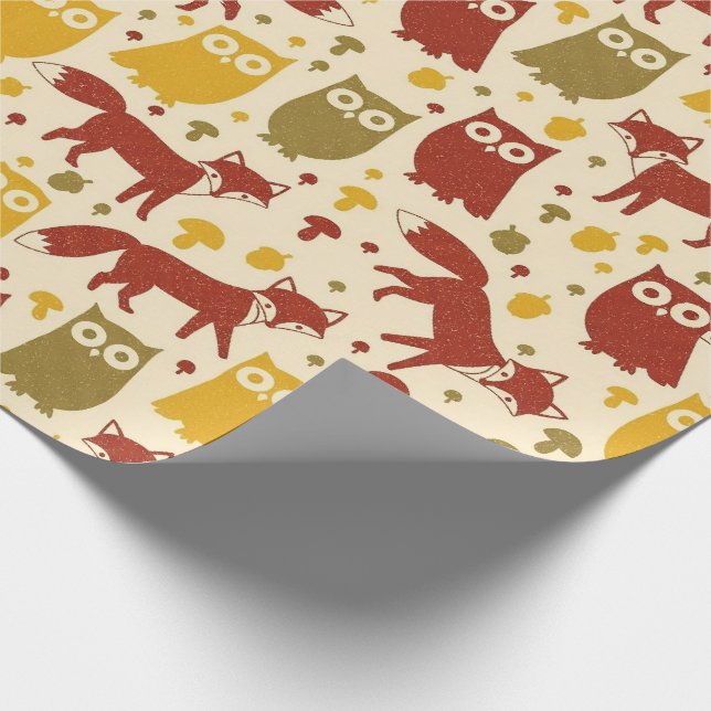 Süßes Wald-Fuchs- und Eulen-Muster Geschenkpapier (Ecke)
