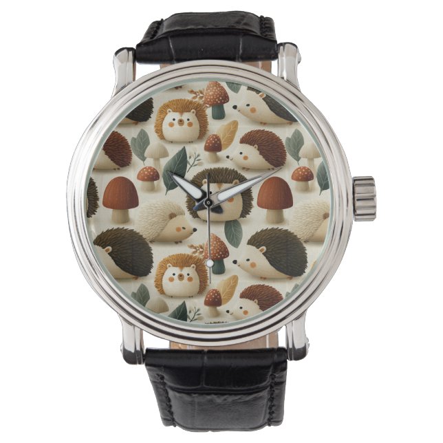 Süßes Wald-Igel- und Pilzmuster Armbanduhr (Vorderseite)