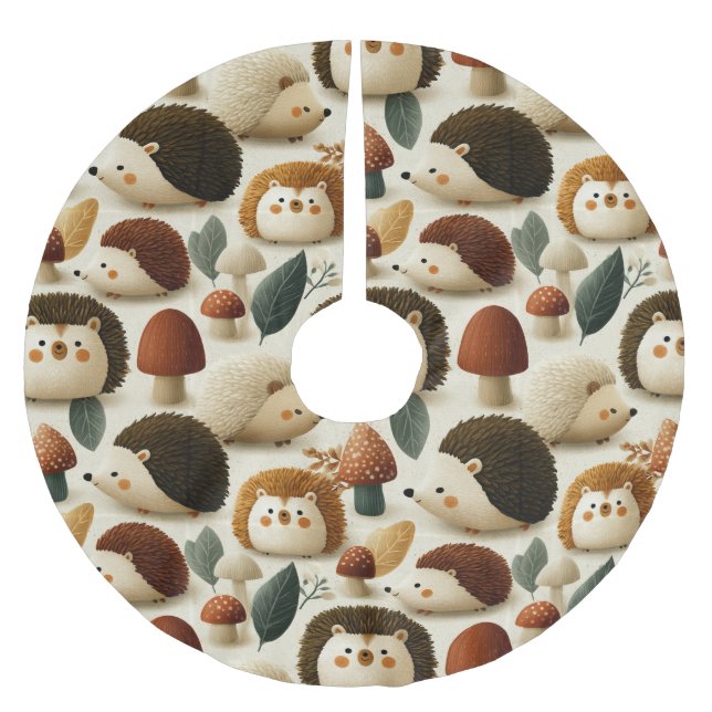 Süßes Wald-Igel- und Pilzmuster Polyester Weihnachtsbaumdecke (Vorderseite)