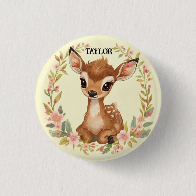 Süßes Wald Reh in einem Blumenkranz Button (Vorderseite)
