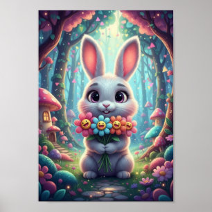 Süßes Waldkaninchen Glückliches Smiley Blumen Post Poster