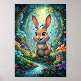 Süßes Waldkaninchen-Häschen mit Blaue-Vögel Poster