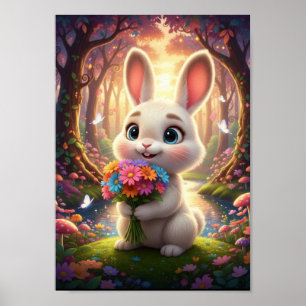 Süßes Waldkaninchen mit Blumenstrauß Poster