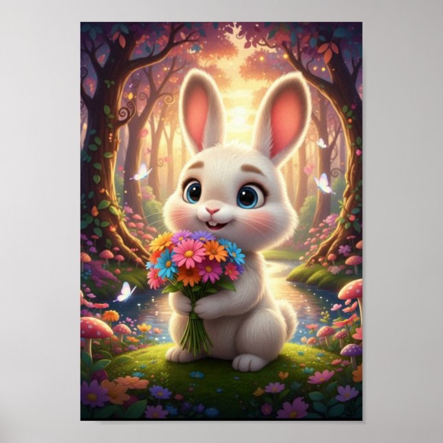Süßes Waldkaninchen mit Blumenstrauß  Poster (Vorne)
