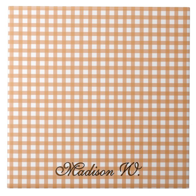 Süßes warmes orange Gingham-Muster Fliese (Vorderseite)