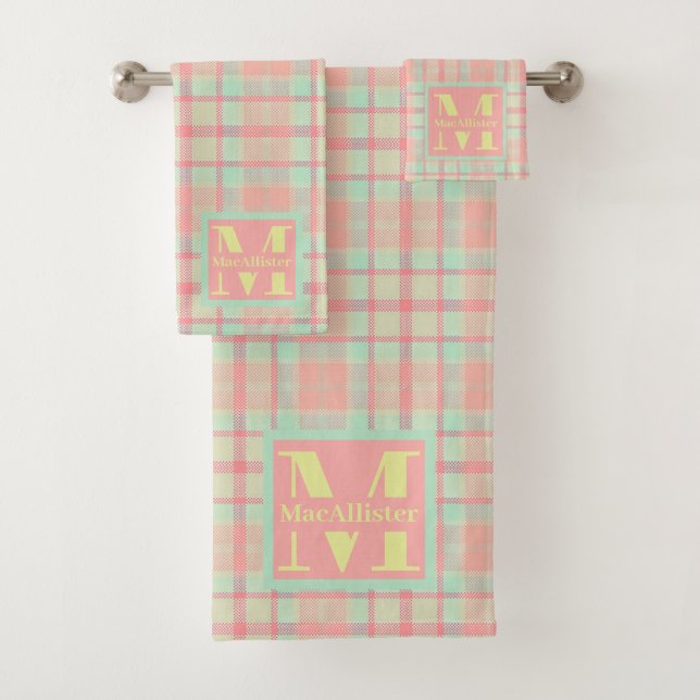 Süßes warmes Pastell Tartan Kariertes Monogramm Ba Badhandtuch Set (Insitu)