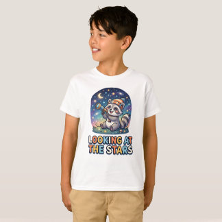 Süßes Waschbär-Sternengucker-Cartoon-Design T-Shirt