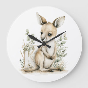 Süßes Wasserfarbe-Baby-Tier-Alphabet Känguru Große Wanduhr