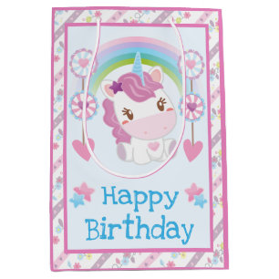 Süßes Wasserfarbe-Einhorn und Regenbogen-Geburtsta Mittlere Geschenktüte