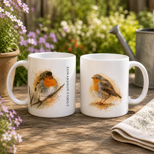 Süßes Wasserfarbe-Rotkehlchen-Vogel-Monogramm Kaffeetasse (Cute watercolor robin bird monogrammed coffee mug. You personal robin bird mug.)