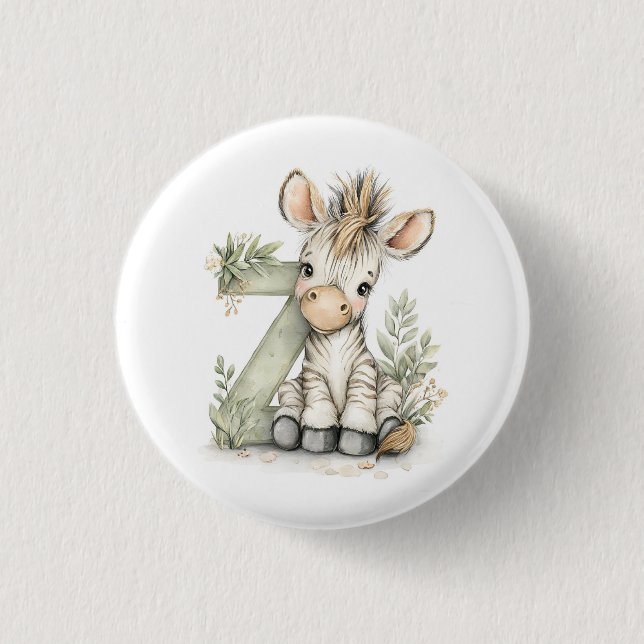 Süßes Wasserfarben-Baby-Tier-Alphabet Zebra Button (Vorderseite)