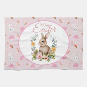 Süßes Wasserfarben-Hasen-Blumenkranz-Ostern Geschirrtuch