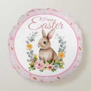 Süßes Wasserfarben-Hasen-Blumenkranz-Ostern Rundes Kissen