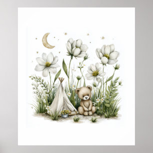 Süßes Wasserfarben-Hasenkaninchen mit Mond und Ste Poster